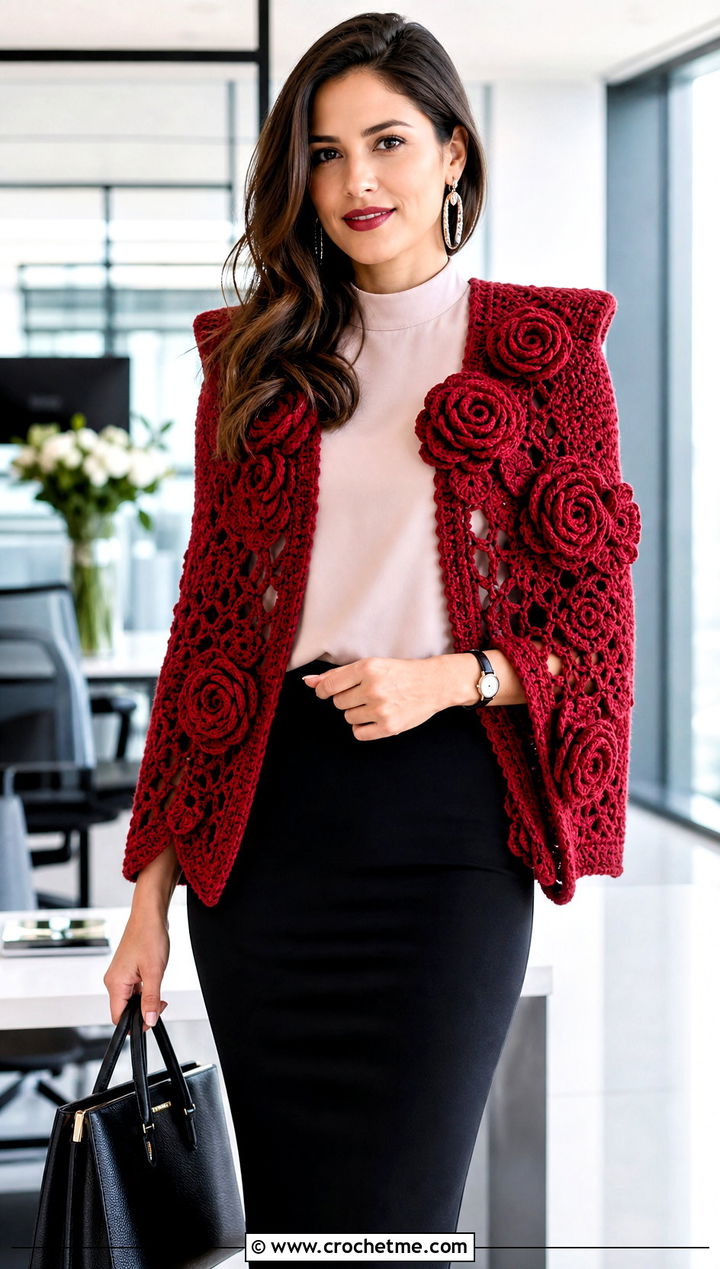 Rose Cape Shawl With Pencil Skirt - 20 Crochet Rose Shawl outfit ideas