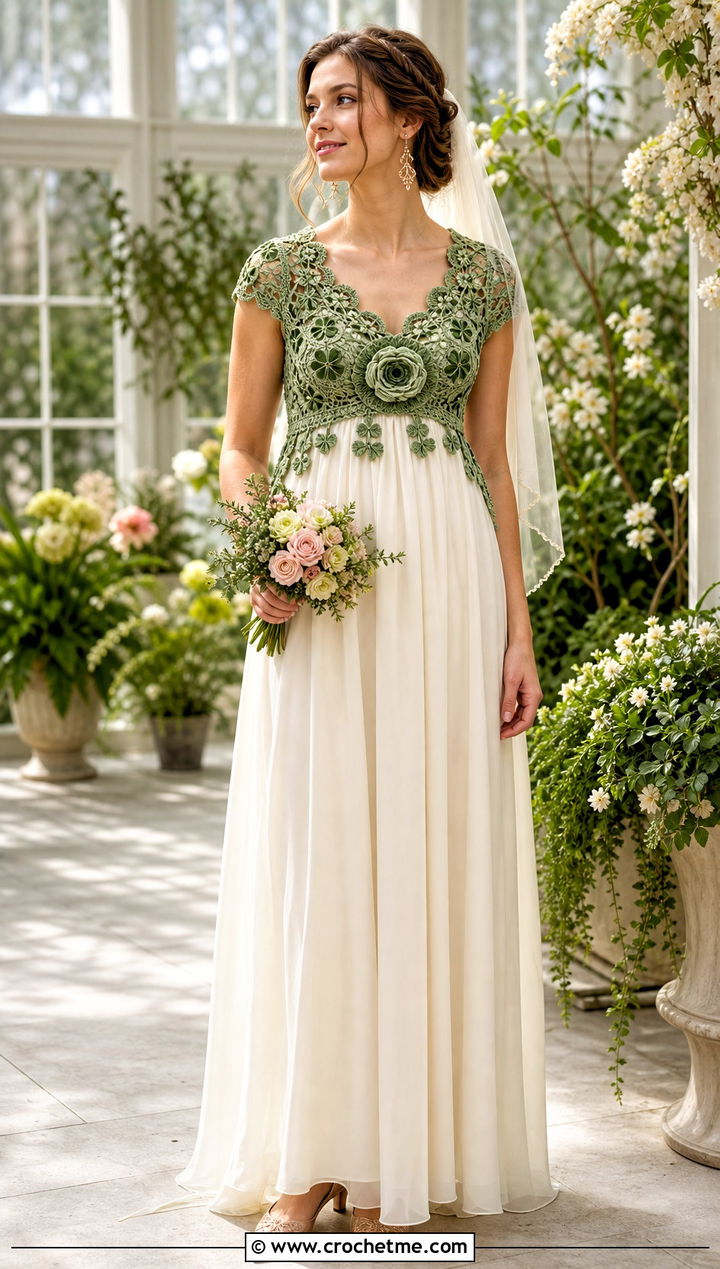 Rose Centered Shamrock Empire Waist Wedding Dress - 20 irish lace crochet wedding dress outfit ideas