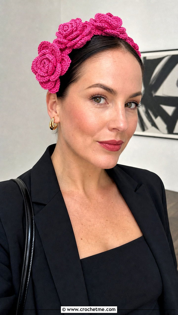 Rose Cluster Crochet Flower Crown Headband With Black Dress - 25 crochet flower crown headband outfit ideas