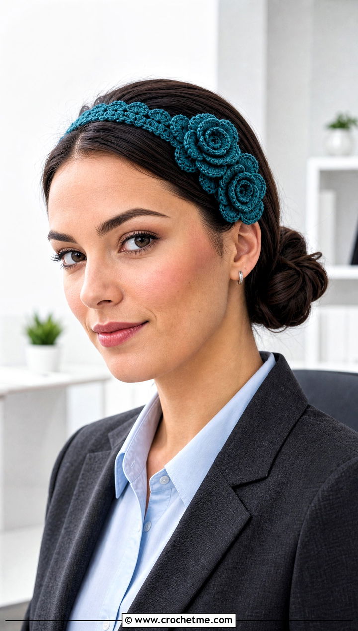 Rose Cluster Crochet Headband With Blazer And Trousers - 15 colorful crocheted headband with flower outfit ideas