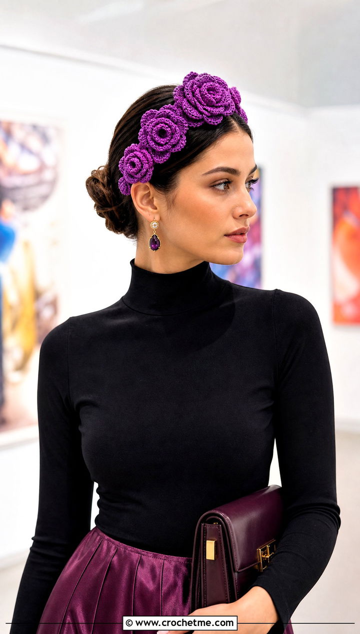 Rose Cluster Crochet Headband With Satin Slip Skirt - 15 crochet headband with flower decoration outfit ideas