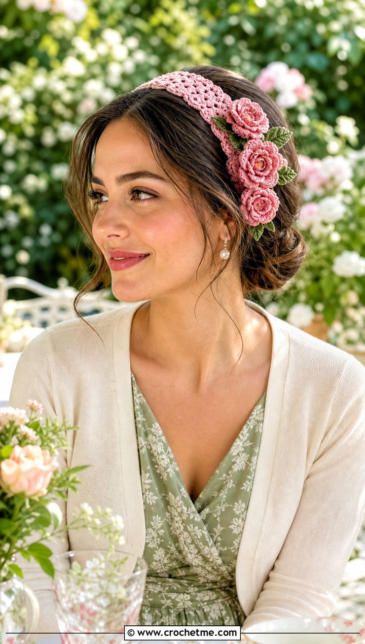 Rose Cluster Crochet Headband With Tea Dress - 30 boho crochet headband outfit ideas