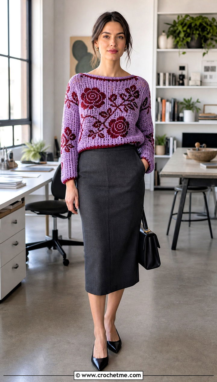 Rose Crochet Graph Sweater With Pencil Skirt - 30 crochet graph sweater outfit ideas
