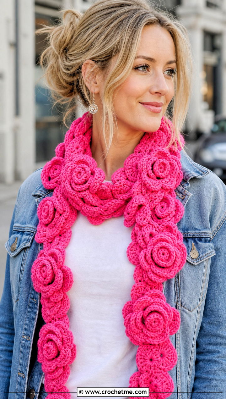 Rose Crochet Roll Up Scarf With Denim Jacket - 25 Crochet Roll Up Scarf outfit ideas