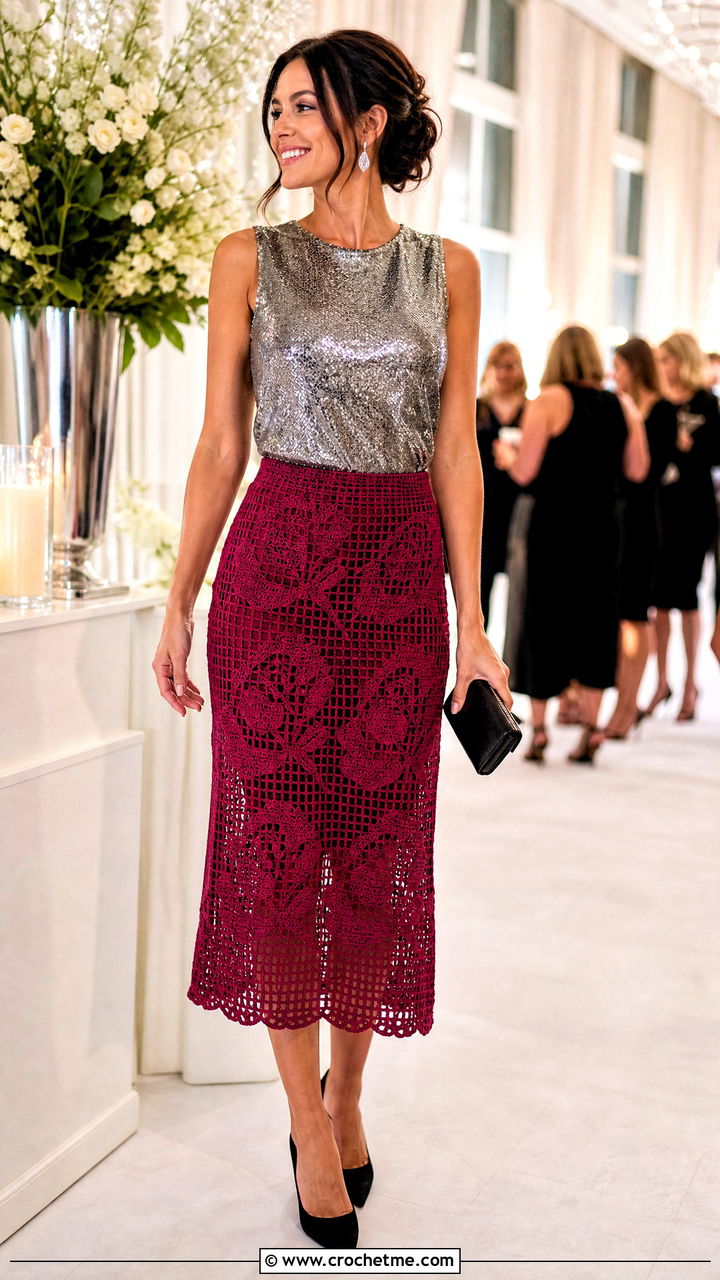 Rose Filet Crochet Midi Skirt With Sequin Top - 35 Filet Crochet Skirt outfit ideas