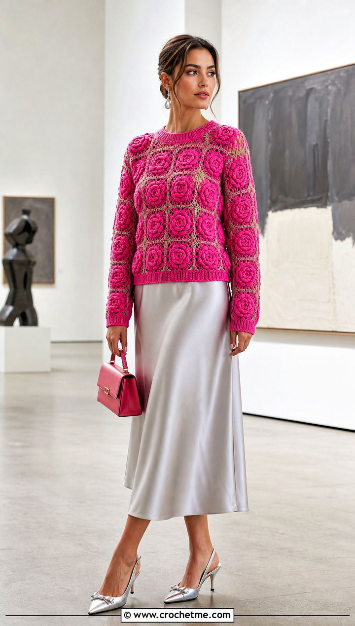 Rose Flower Granny Square Sweater With Satin Midi Skirt - 30 flower granny square sweater outfit ideas