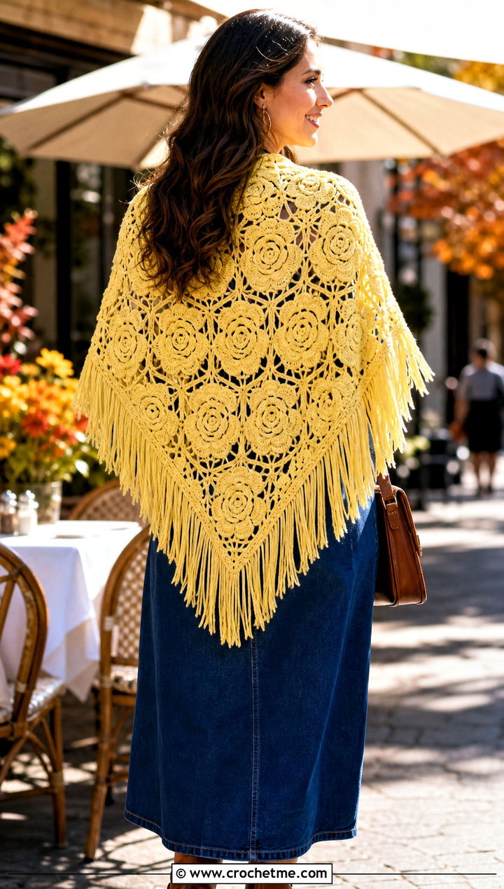 Rose Fringe Triangle Shawl With Denim Dress - 20 Crochet Rose Shawl outfit ideas