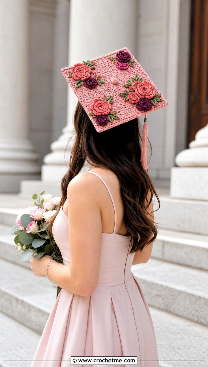 Rose Garden Crochet Graduation Cap Cover With Tailored Midi Dress - 30 crochet graduation cap cover outfit ideas
