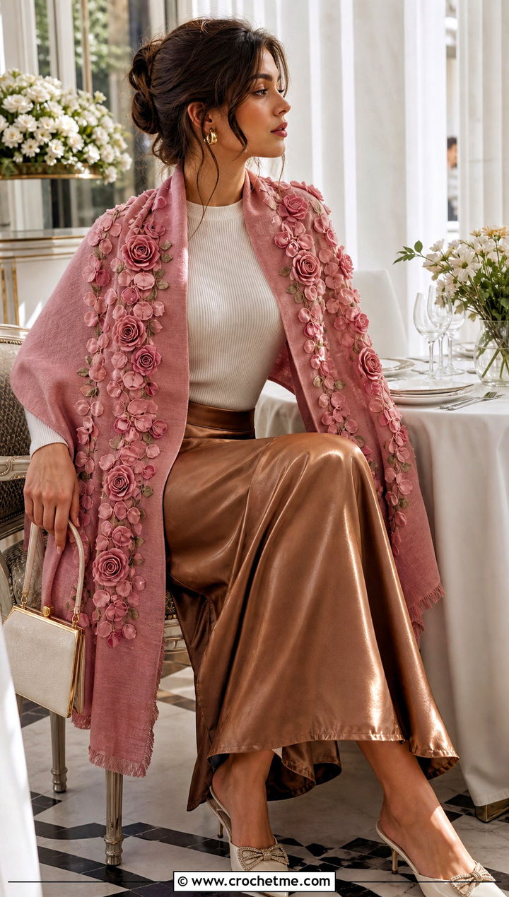 Rose Garden Stole With Satin Skirt - 20 Crochet Rose Shawl outfit ideas