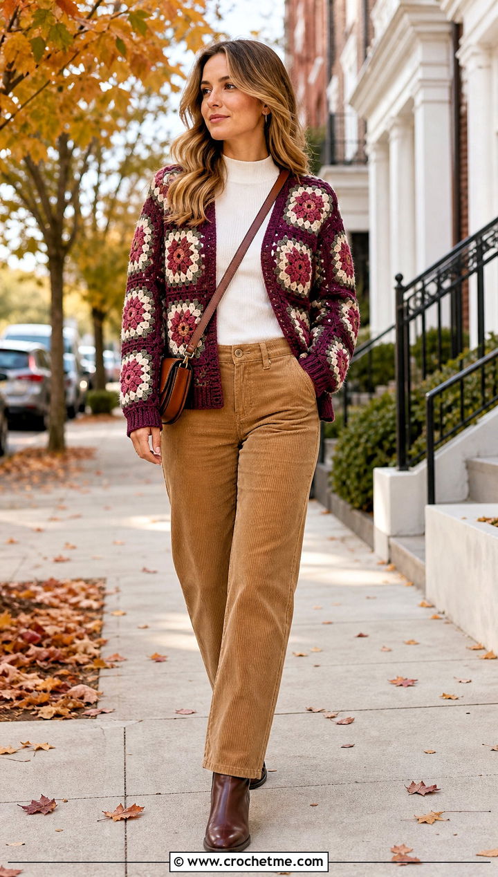 Rose Granny Square Cardigan With Corduroy Pants - 35 Easy Simple Crochet Granny Square Cardigan outfit ideas