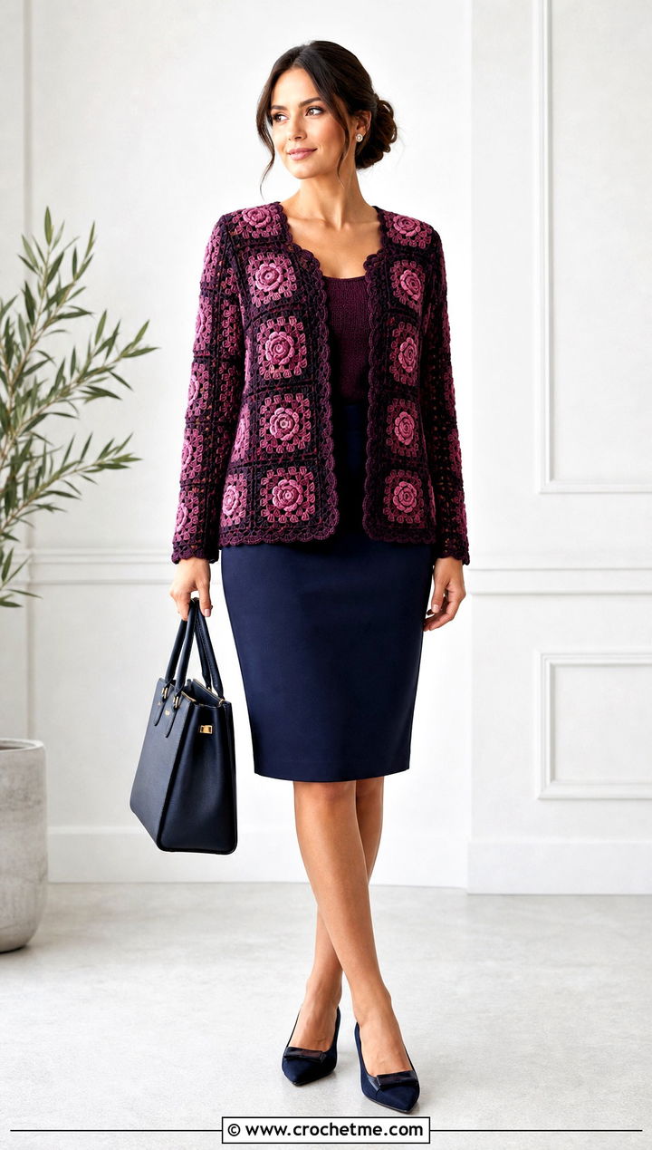 Rose Granny Square Crochet Sweater With Pencil Skirt - 35 crochet sweater with flowers outfit ideas