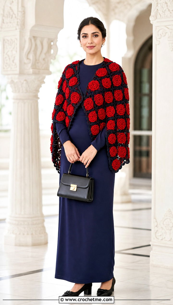 Rose Granny Square Shawl With Long Sleeve Column Dress - 35 granny square shawl outfit ideas