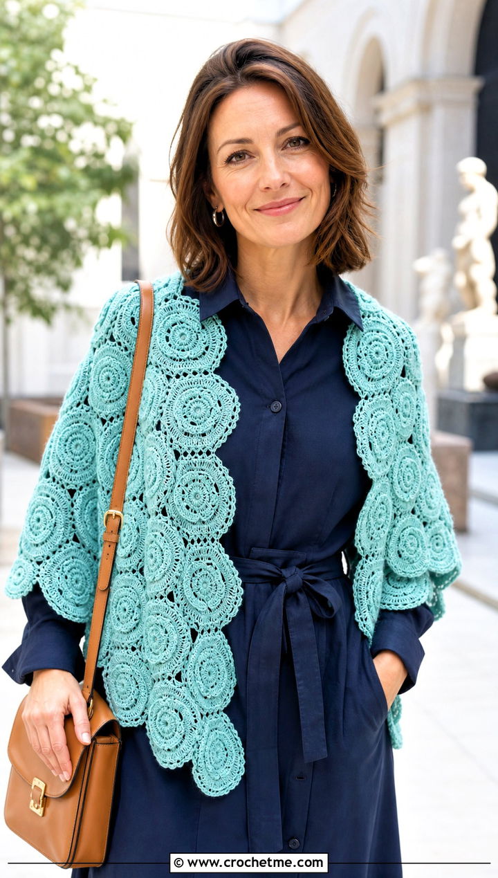 Rose Medallion Shawl With Shirt Dress - 20 Crochet Rose Shawl outfit ideas