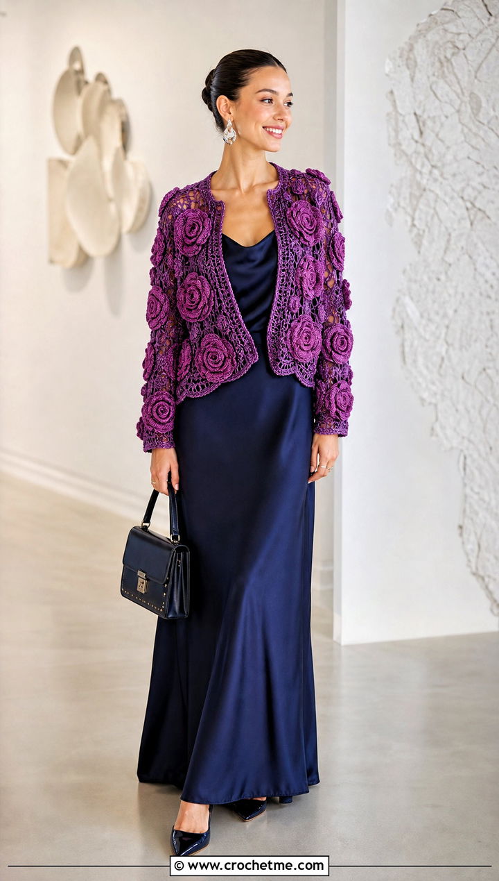 Rose Motif Cardigan With Satin Maxi Skirt - 30 crochet flower cardigan outfit ideas