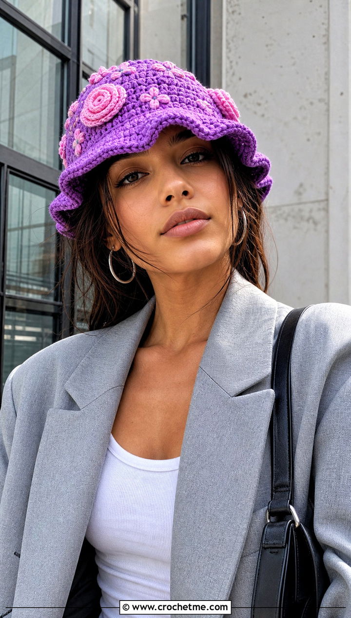 Rose Motif Crochet Bucket Hat With Blazer And Jeans - 15 crochet bucket hat with floral outfit ideas