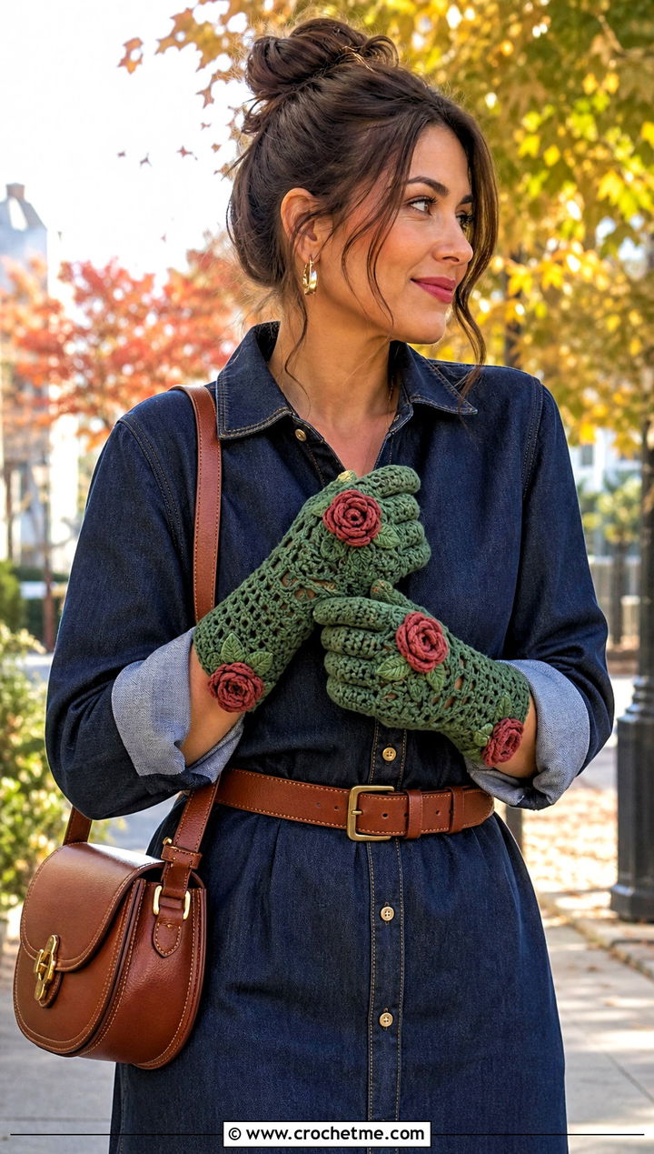 Rose Motif Crochet Gloves With A Denim Dress - 25 Vintage Crochet Gloves outfit ideas