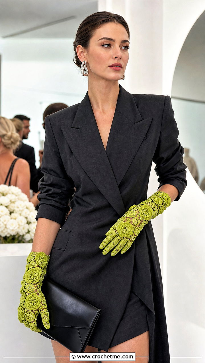 Rose Motif Crochet Lace Gloves With Blazer Dress - 30 crochet lace gloves outfit ideas