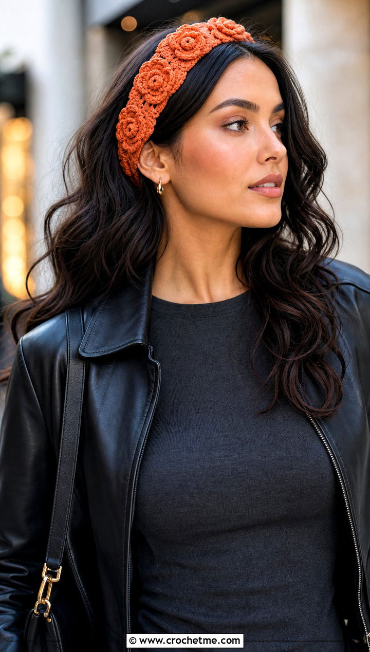 Rose Motif Crochet Lace Headband With Leather Jacket - 30 crochet lace headband outfit ideas