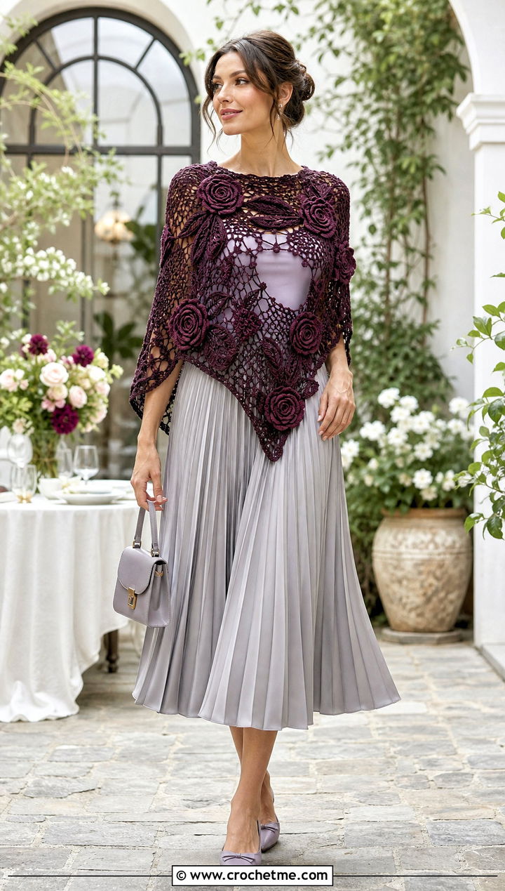 Rose Motif Crochet Poncho With Pleated Midi Skirt - 25 Crochet Flower Poncho outfit ideas
