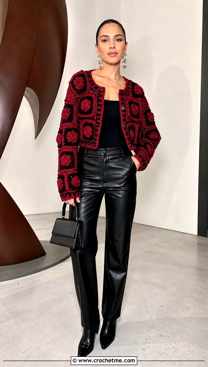Rose Motif Cropped Granny Square Cardigan With Leather Pants - 20 Cropped Granny Square Cardigan outfit ideas