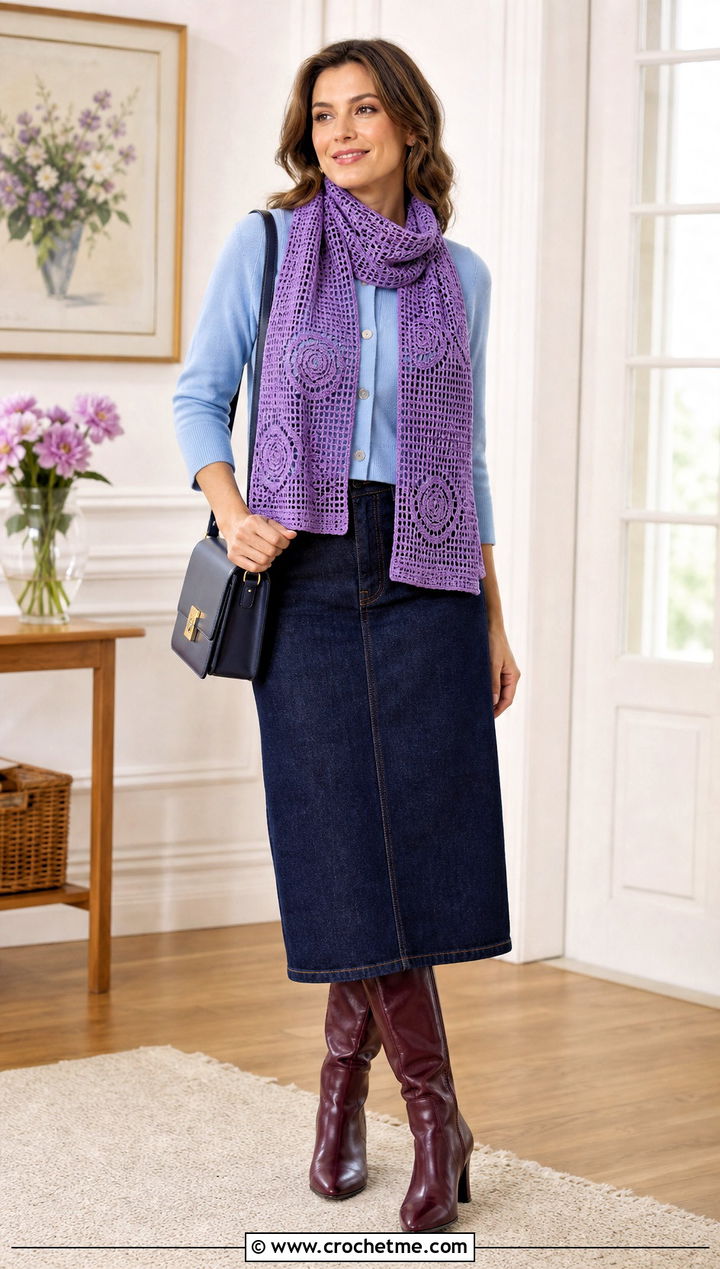 Rose Motif Filet Crochet Scarf With A Cardigan And Denim Skirt - 35 filet crochet scarf outfit ideas