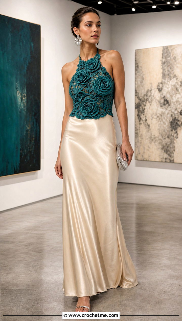 Rose Motif Halter Top With Satin Maxi Skirt - 25 crochet floral lace top outfit ideas