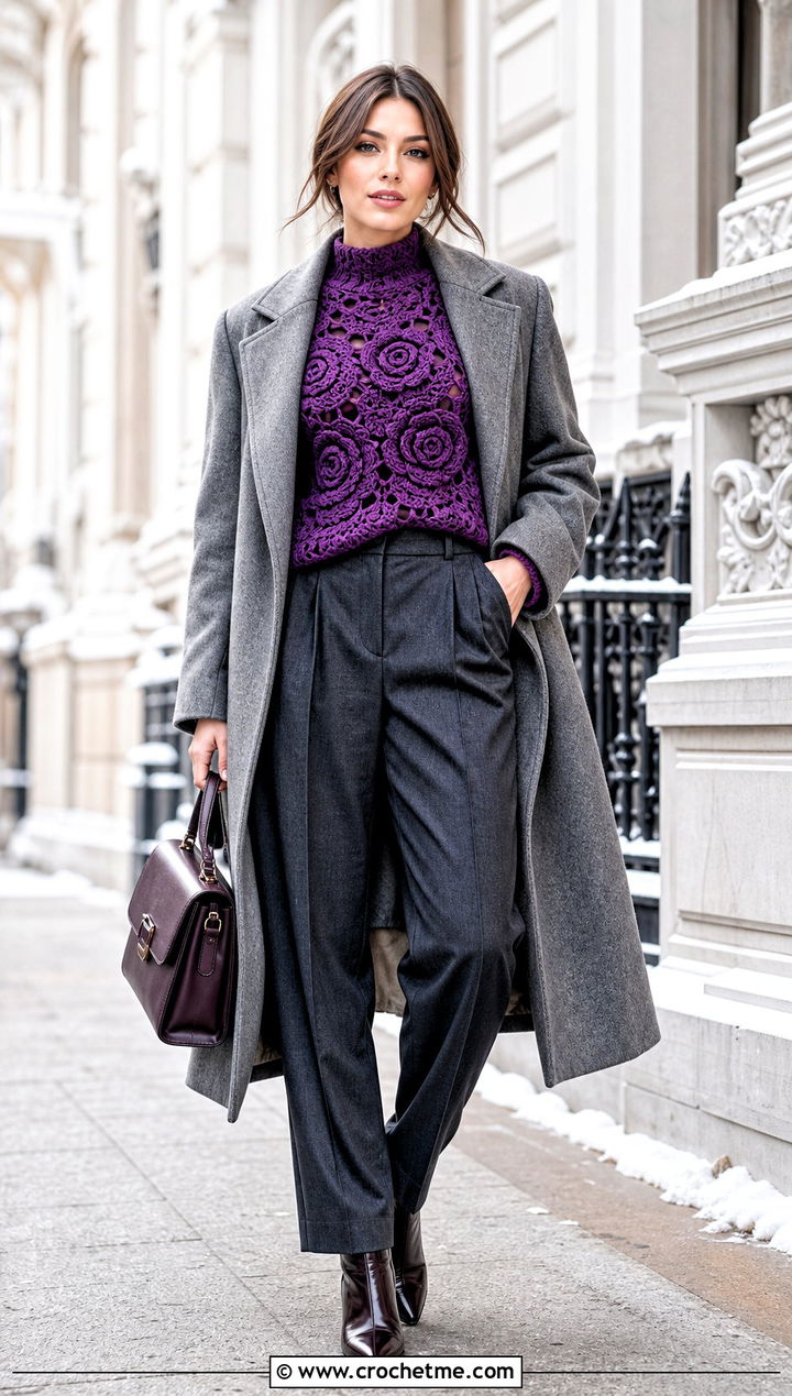 Rose Motif Mock Neck Crochet Sweater With Wool Trousers - 35 crochet sweater with flowers outfit ideas