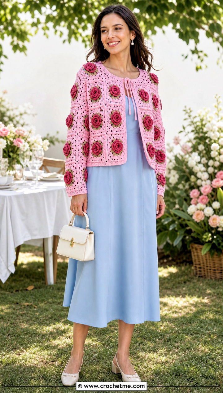 Rose Motif Pink Granny Square Cardigan With a Tea Dress - 35 pink granny square cardigan outfit ideas