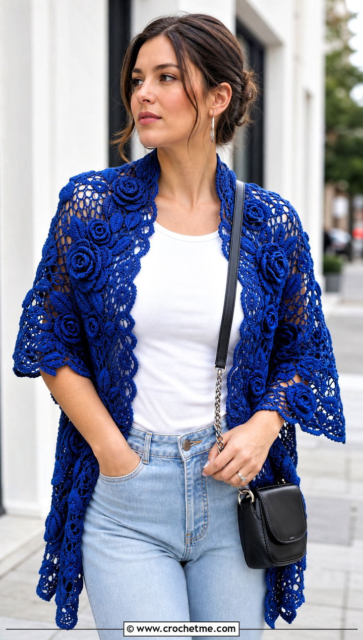 Rose Motif Rectangular Irish Crochet Shawl With Jeans - 20 Irish Crochet Shawl outfit ideas