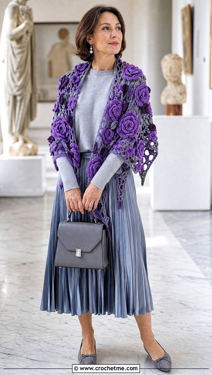 Rose Motif Shawl With Pleated Midi Skirt - 15 Crochet Flower Shawl outfit ideas