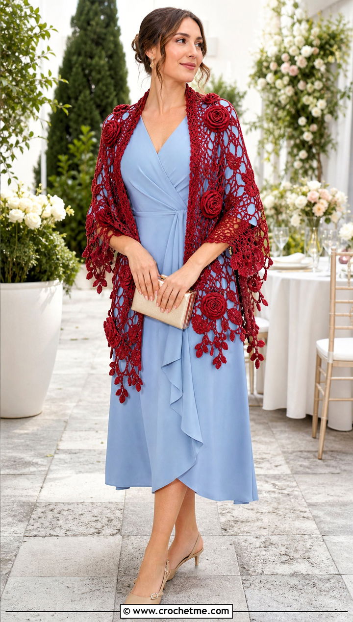 Rose Motif Shawl With Wrap Dress And Slingback Shoes - 25 Victorian Crochet Shawl outfit ideas