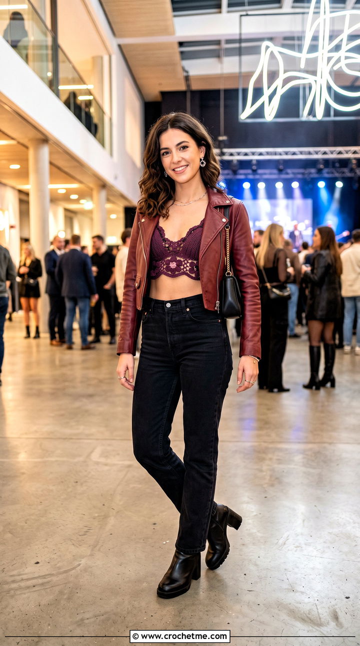 Rose Motif Triangle Crochet Bralette With Leather Jacket - 15 crochet bralette with floral design outfit ideas