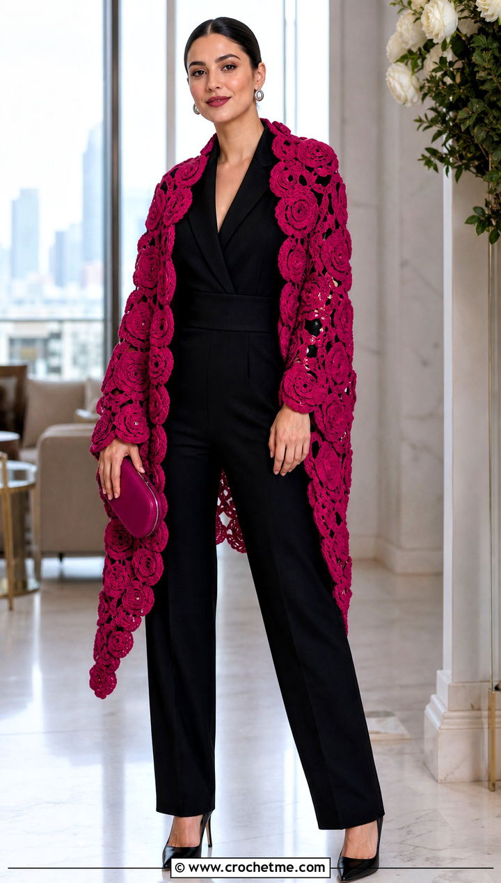 Rose Motif Wedding Shawl With Tuxedo Jumpsuit - 35 crochet wedding shawl outfit ideas