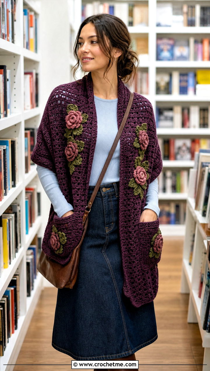 Rose Pocket Shawl With Midi Skirt - 20 Crochet Rose Shawl outfit ideas