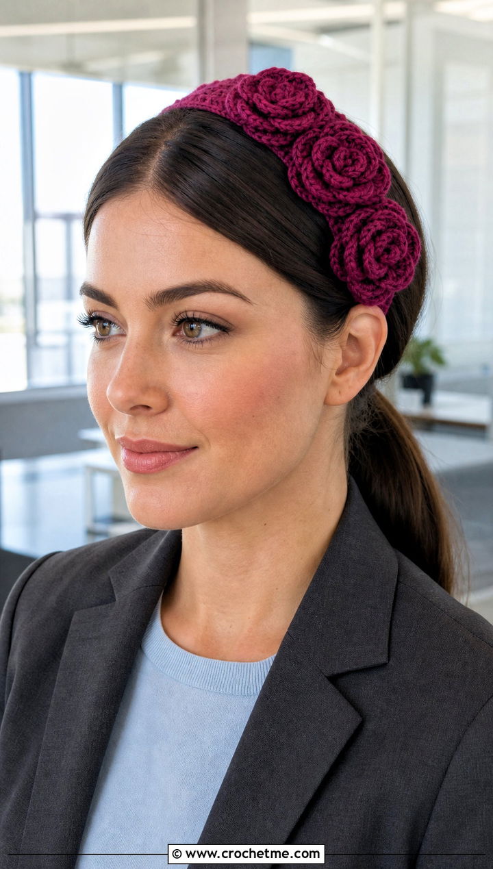 Rose Rosette Headband With Blazer Outfit - 15 crochet lovely flower headband outfit ideas