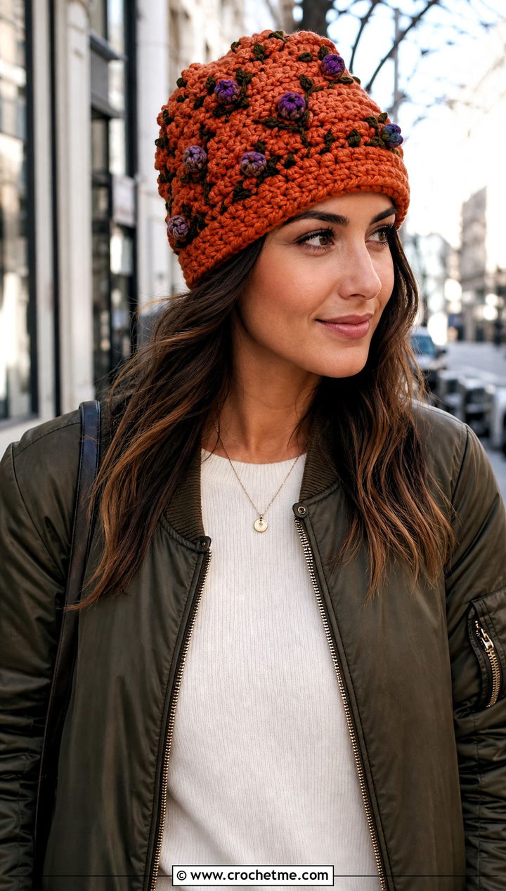 Rosebud Crochet Beanie With Bomber Jacket - 30 crochet flower hat outfit ideas
