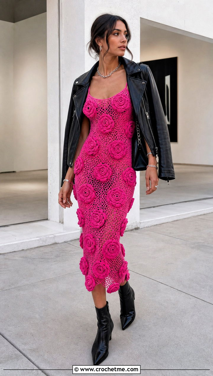 Rosette Applique Crochet Flower Slip Dress With Leather Jacket - 35 Crochet Flower Dress outfit ideas