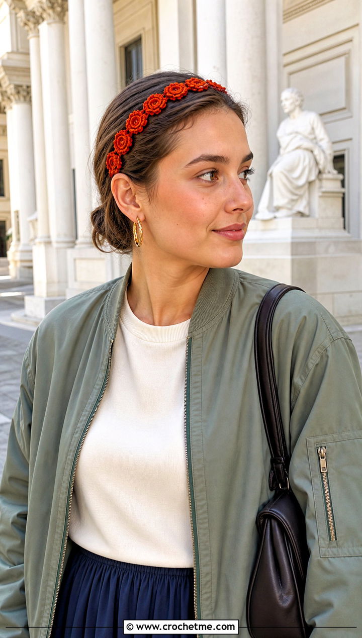 Rosette Chain Crochet Headband With Bomber Jacket And Midi Skirt - 25 crochet for headbands outfit ideas