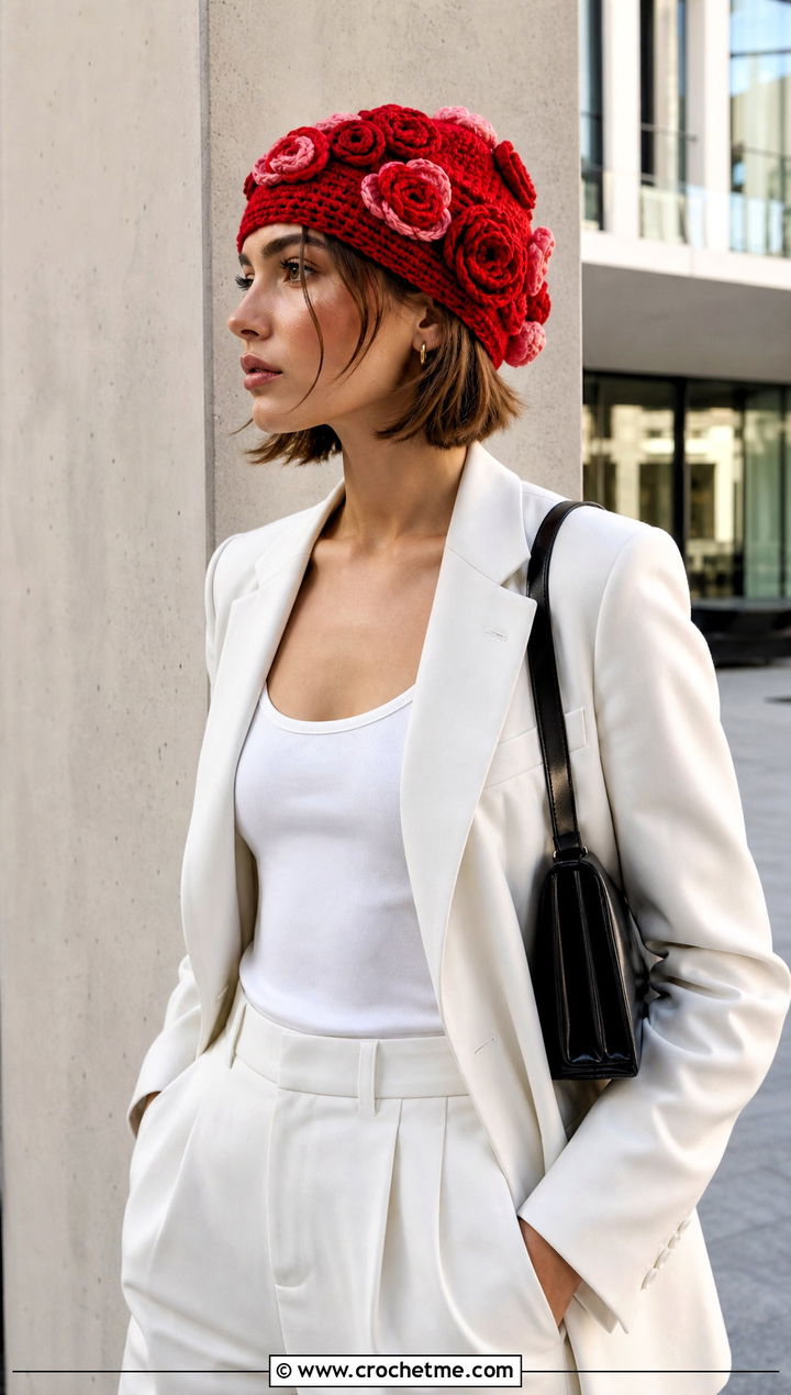 Rosette Cluster Crochet Beanie With Monochrome Suit - 30 crochet flower beanie outfit ideas
