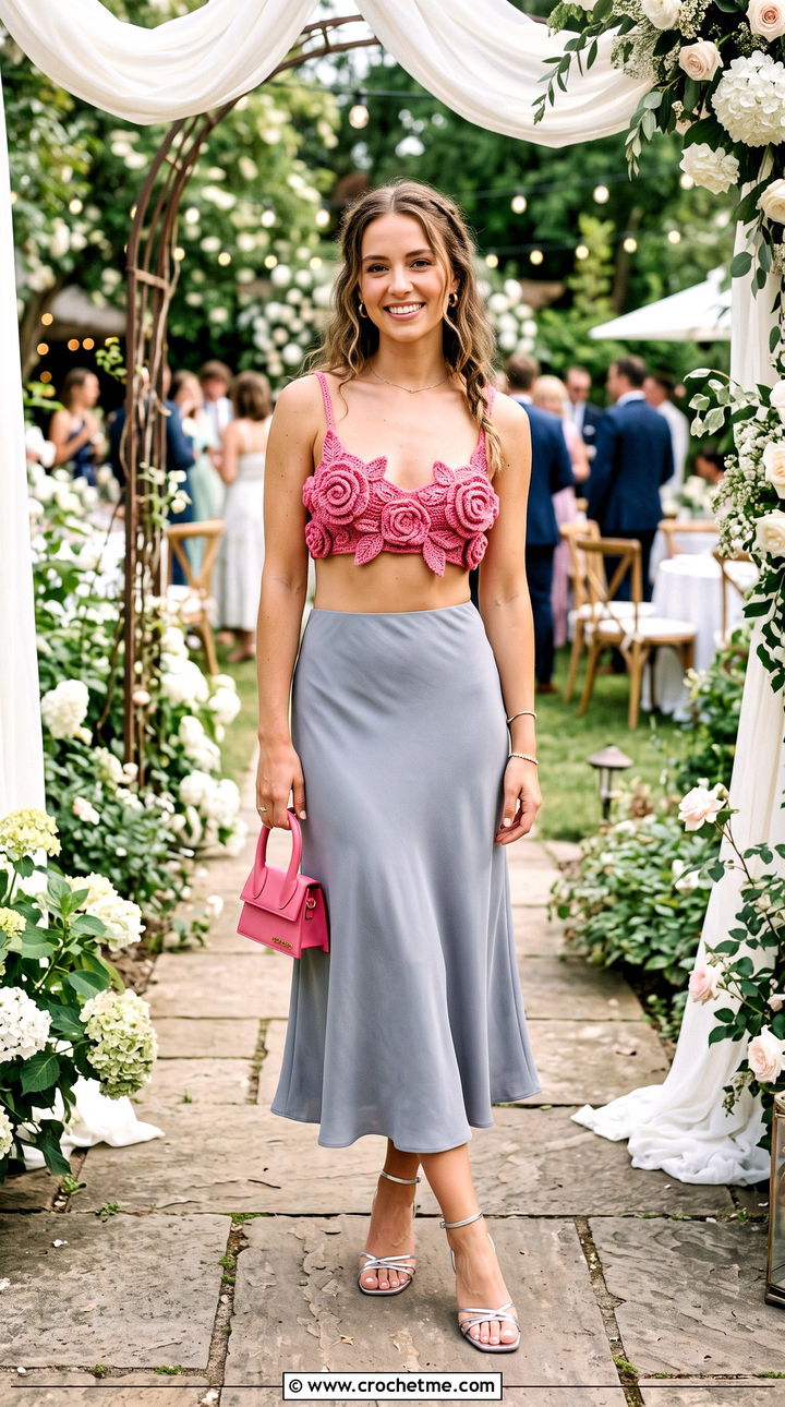 Rosette Crochet Bra With Bias Cut Midi Skirt - 35 crochet bra outfit ideas