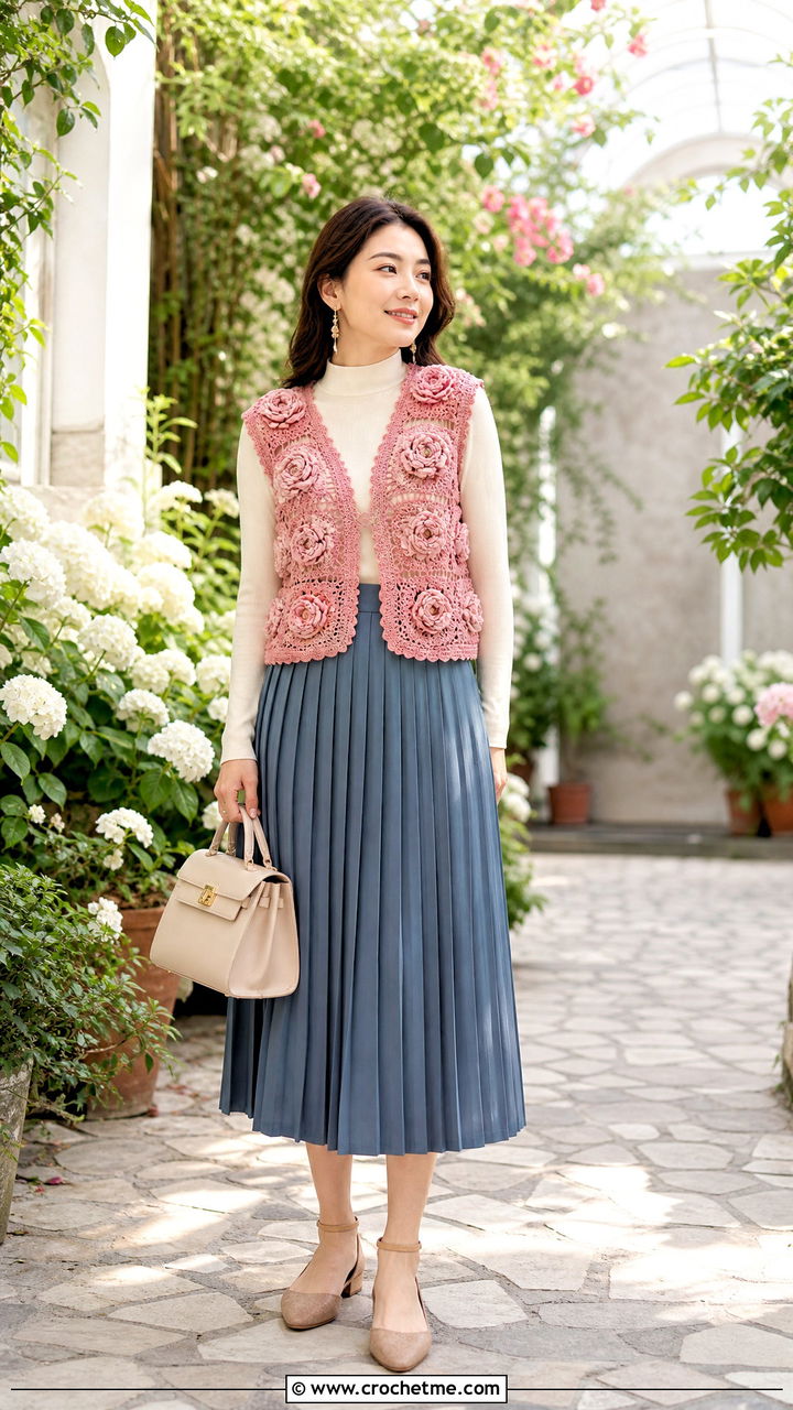 Rosette Crochet Circle Vest With Mock Neck Top And Midi Skirt - 35 crochet circle vest outfit ideas