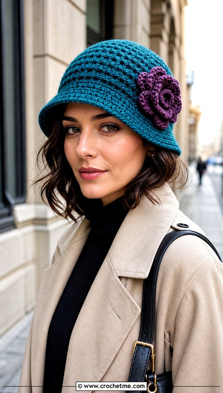 Rosette Crochet Cloche Hat With Trench Coat - 30 crochet flower hat outfit ideas