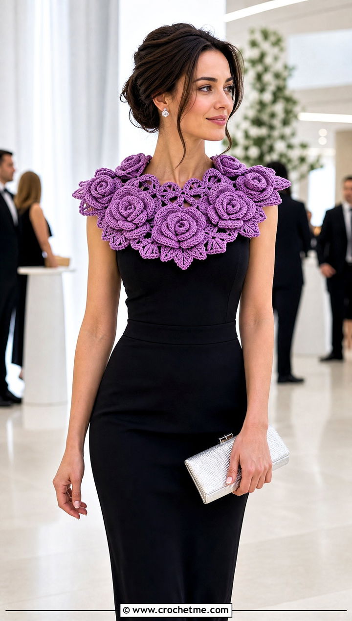 Rosette Crochet Collar With Black Midi Dress And Heels - 15 Vintage Crochet Collar Design outfit ideas