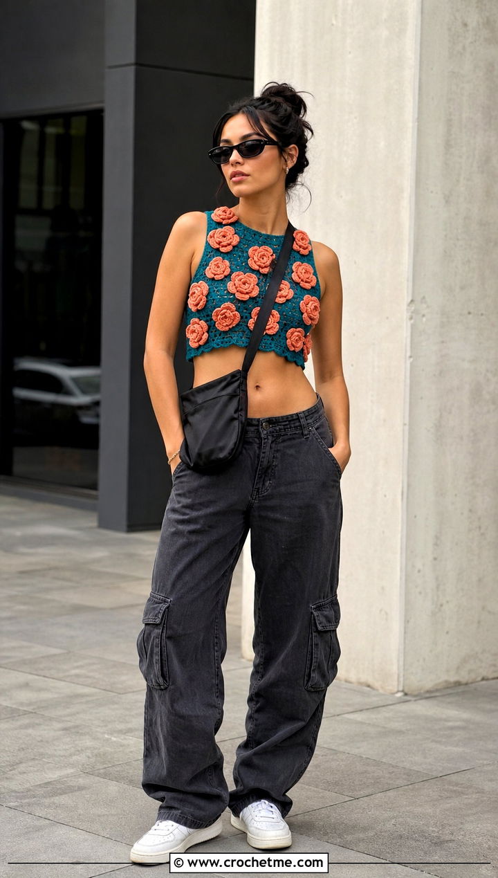 Rosette Crochet Crop Top With Cargo Pants - 35 floral crochet top outfit ideas
