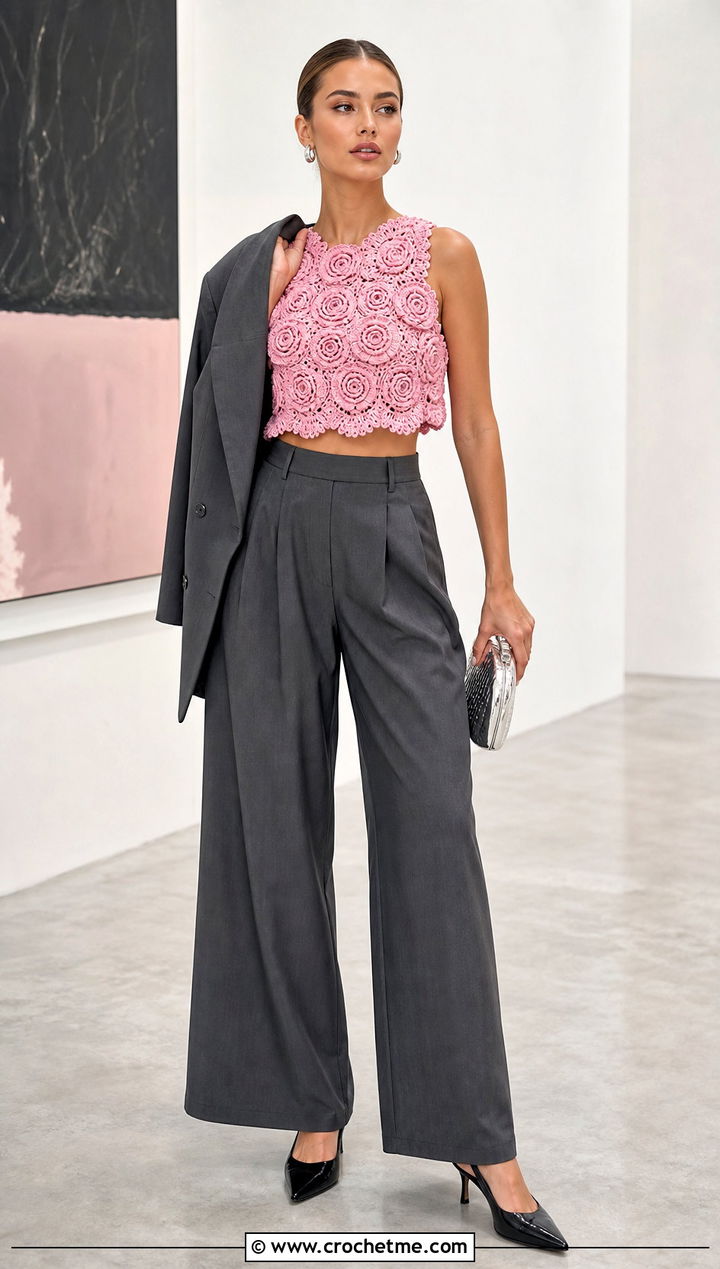 Rosette Crochet Crop Top With Tailored Trousers - 15 Colorful Floral Crochet Clothing and outfit ideas