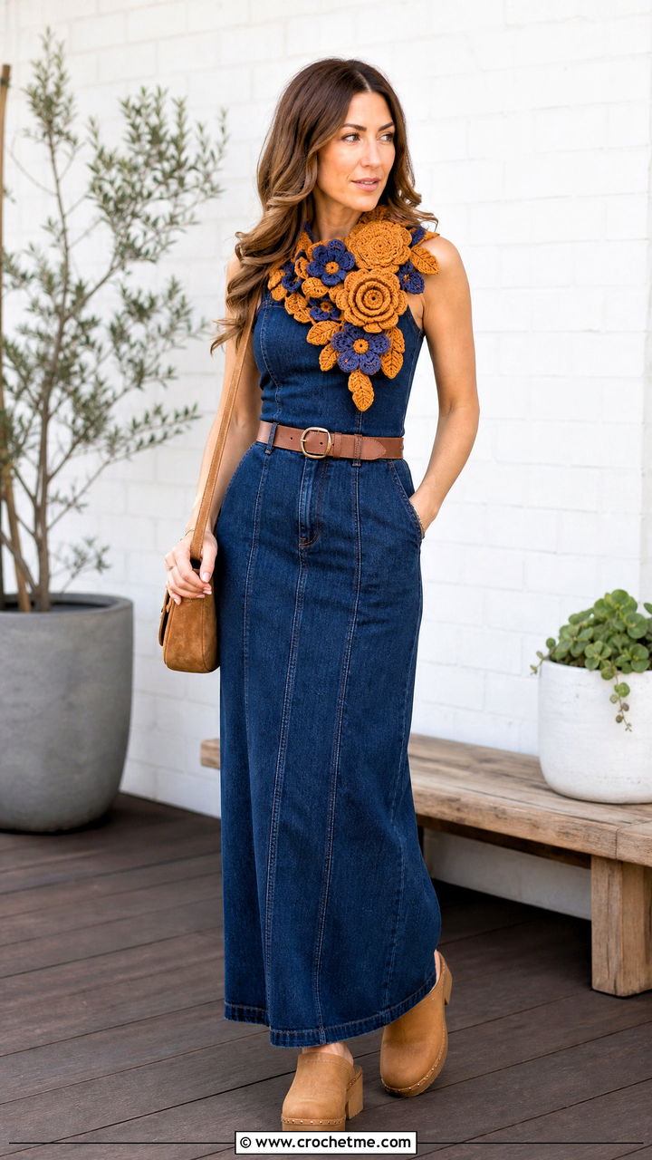 Rosette Crochet Flower Scarf With Denim Maxi Dress And Clogs - 35 crochet flower scarf outfit ideas