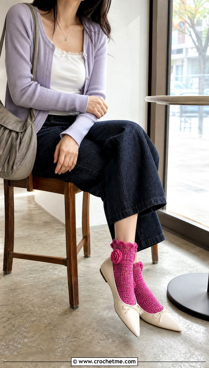Rosette Crochet Frilly Socks With Wide Leg Jeans - 25 Crochet Frilly Socks outfit ideas