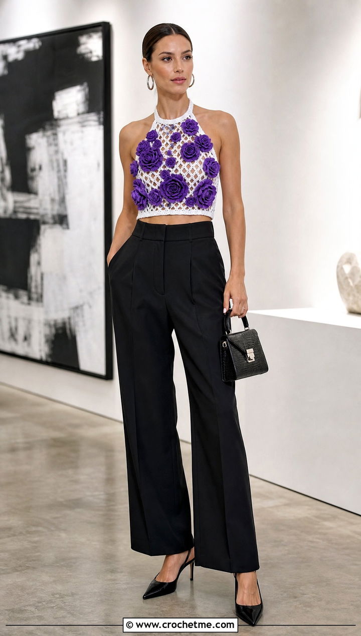 Rosette Crochet Halter Top With Tailored Trousers - 15 white crochet top with flowers outfit ideas