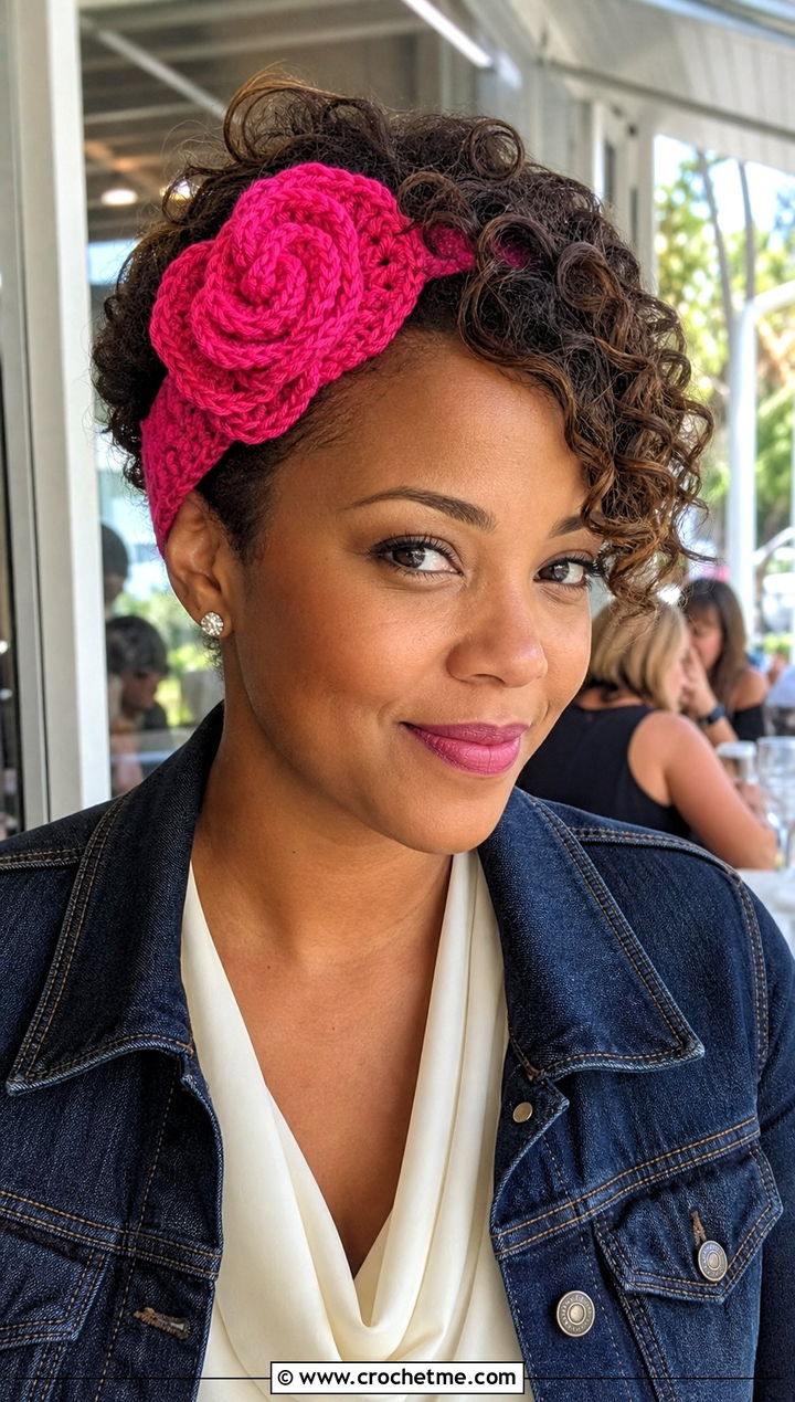Rosette Crochet Headband With Blouse And Wide Leg Jeans - 25 crochet headband for short hair outfit ideas