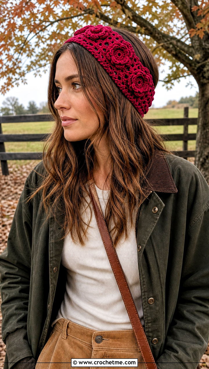 Rosette Crochet Lace Headband With Barn Jacket And Corduroy Pants - 30 crochet lace headband outfit ideas
